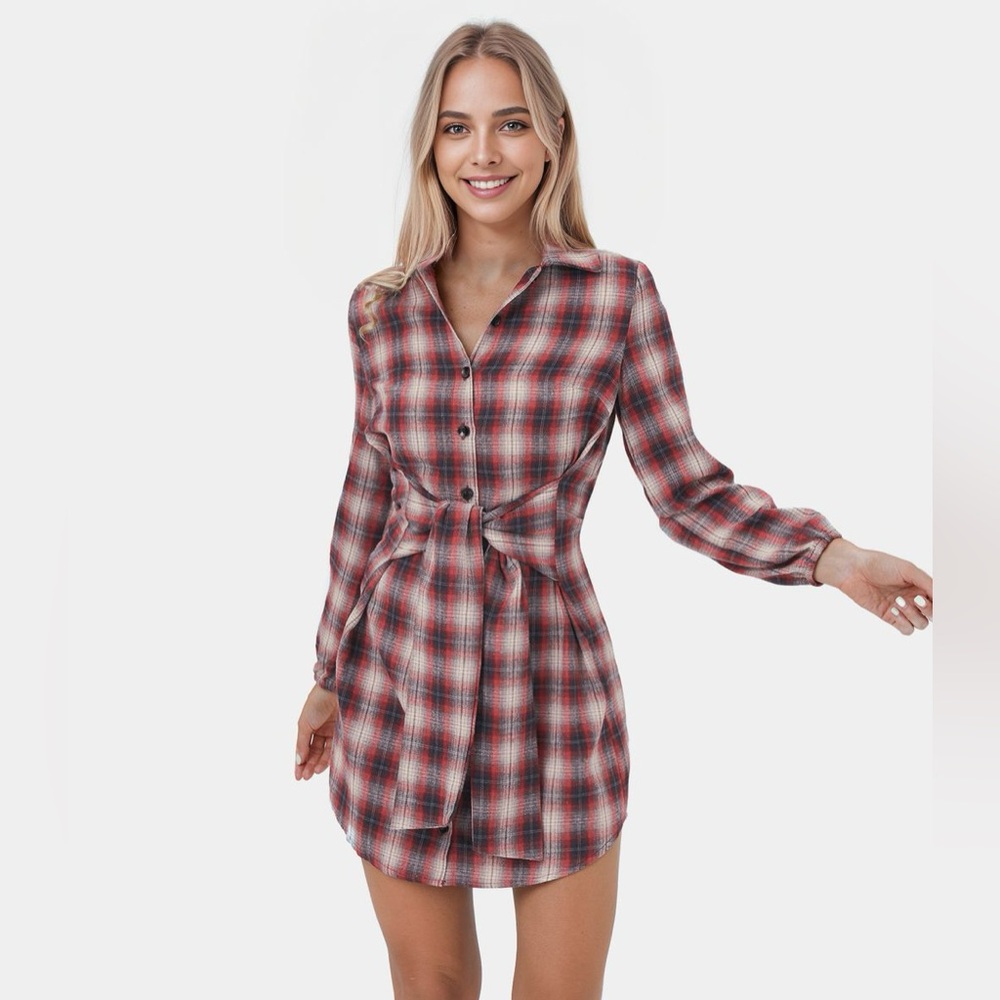 Collared Button Tie Front Plaid Mini Casual Dress